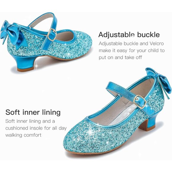 Girls Elegant Sequin Blue Girl Mary Jane Glitter Princess Wedding Dress Shoes - Picture 5 of 7